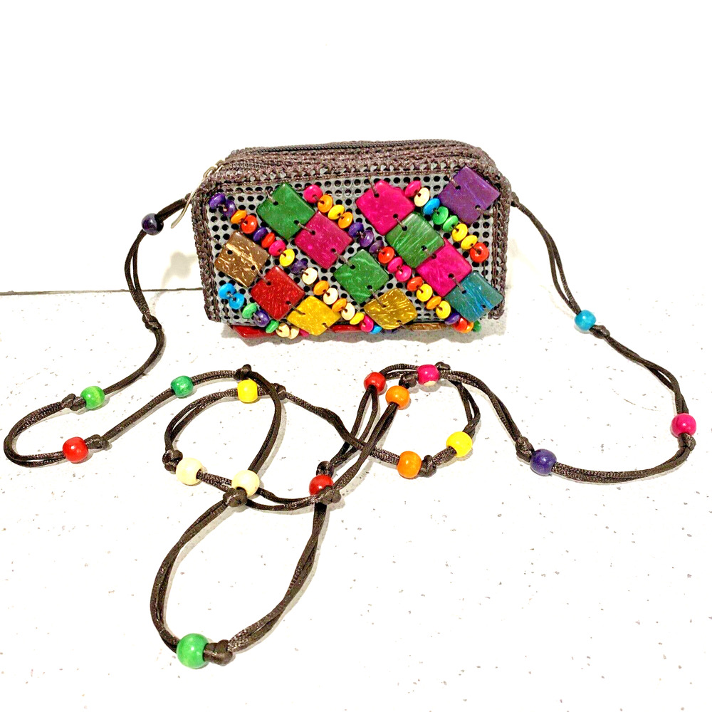 Boho Beaded Crossbody Bag Mini Purse Wallet Double Zippers Colorful Wood Beads